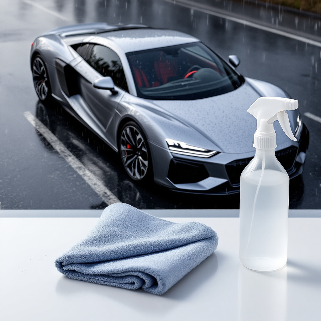 Kit de produtos para limpeza de vidro do carro incluindo pano de microfibra.