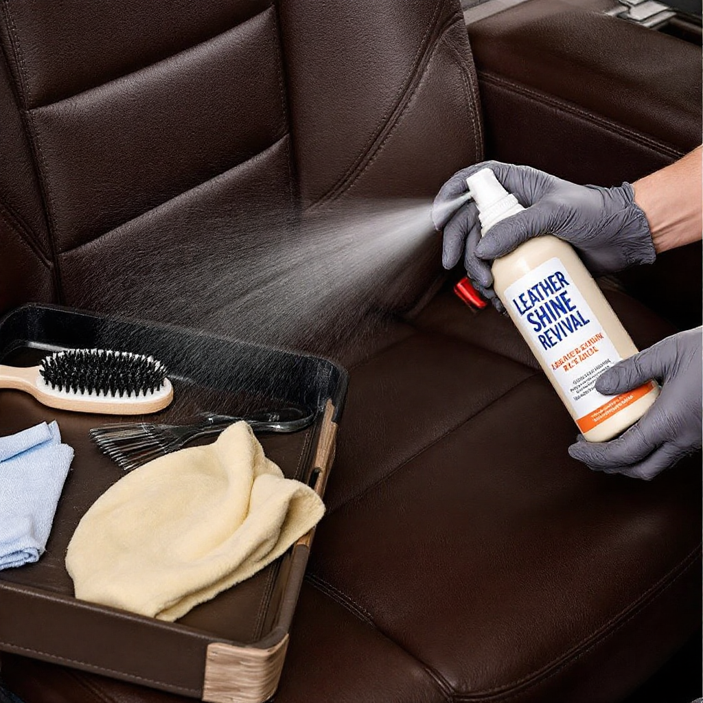 Detalhe do uso de produtos para limpar e hidratar couro.